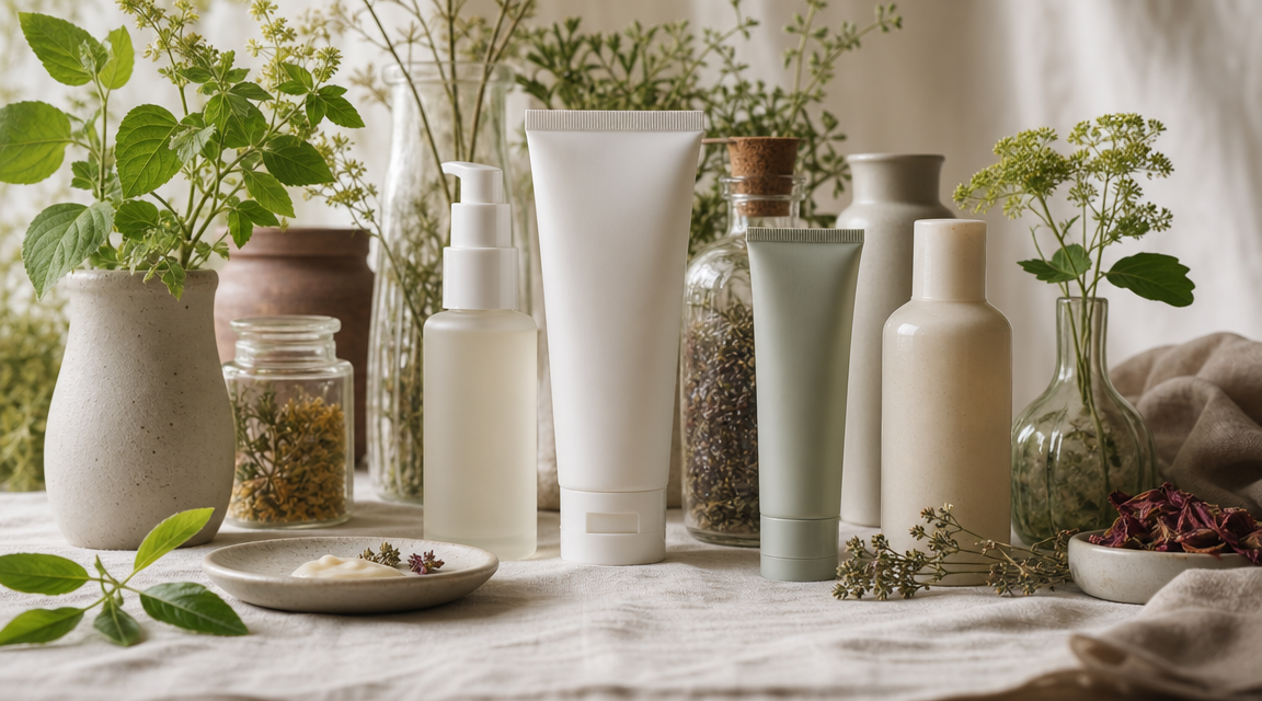 Editorial still life of several broad spectrum sunscreen tubes on linen with pressed leaves