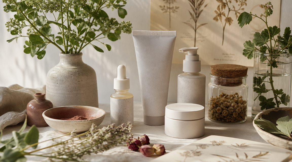 Calm shelf with dermatologist-style sunscreen bottle, pressed leaves, and clear morning light