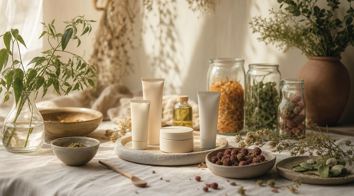 Quiet bathroom shelf with a high-SPF sunscreen tube, pressed leaves, and soft morning light