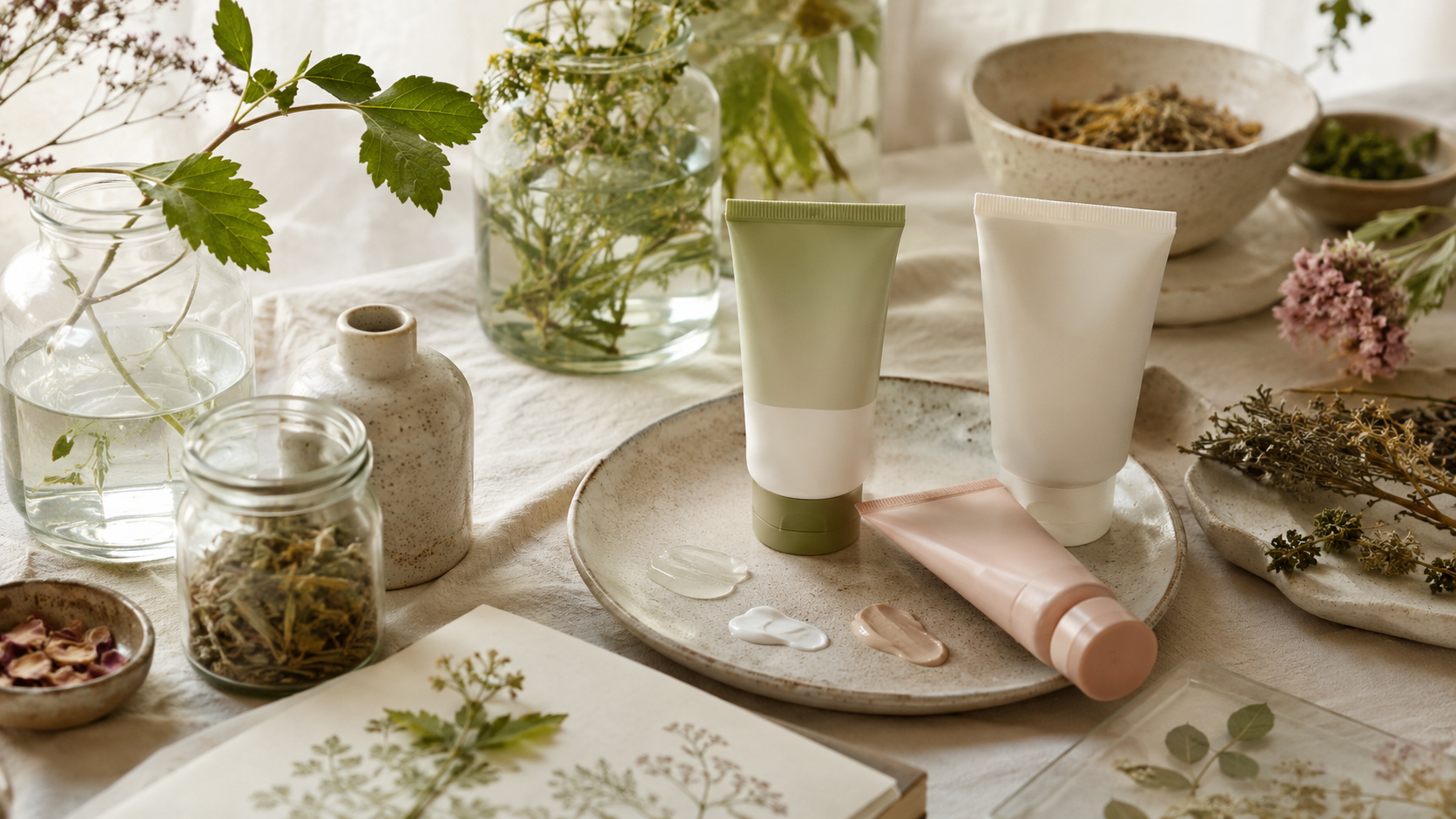 Quiet shelf with slim Korean sunscreen bottles, pressed leaves, and gentle morning light