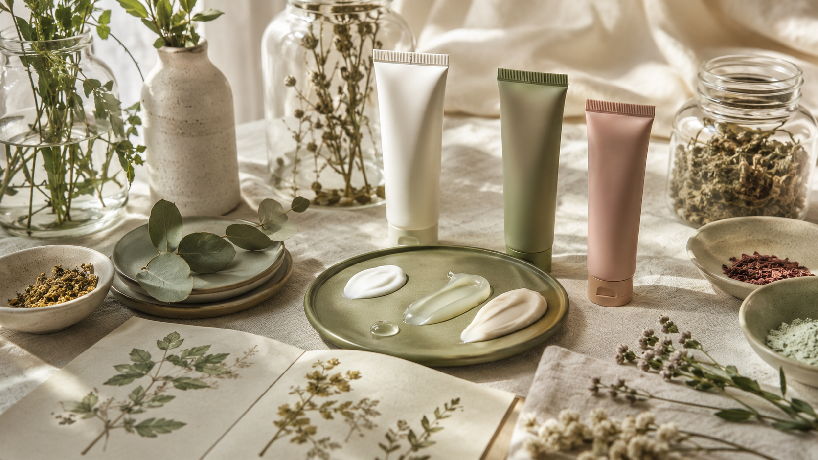 Bright bathroom shelf with thin lightweight sunscreen bottle, pressed leaves, and soft morning light