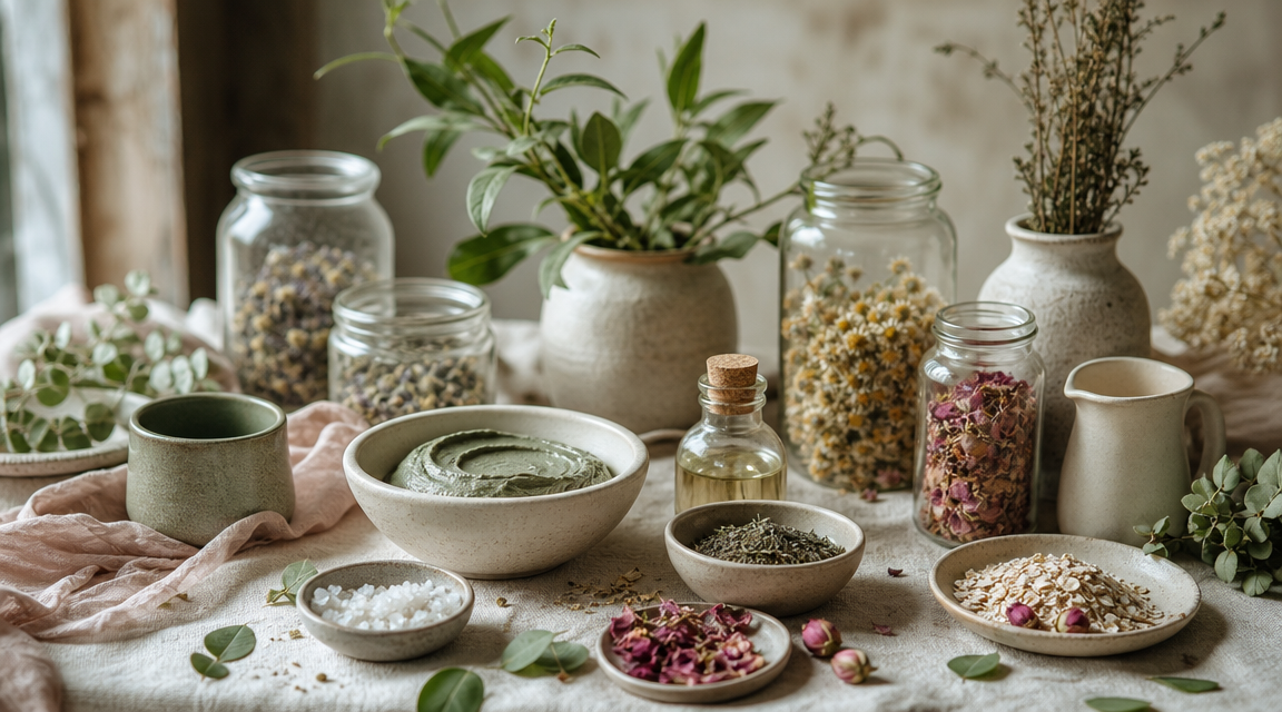 Natural facial care setup with mask bowl, soft towel, leaves, and skin barrier notes