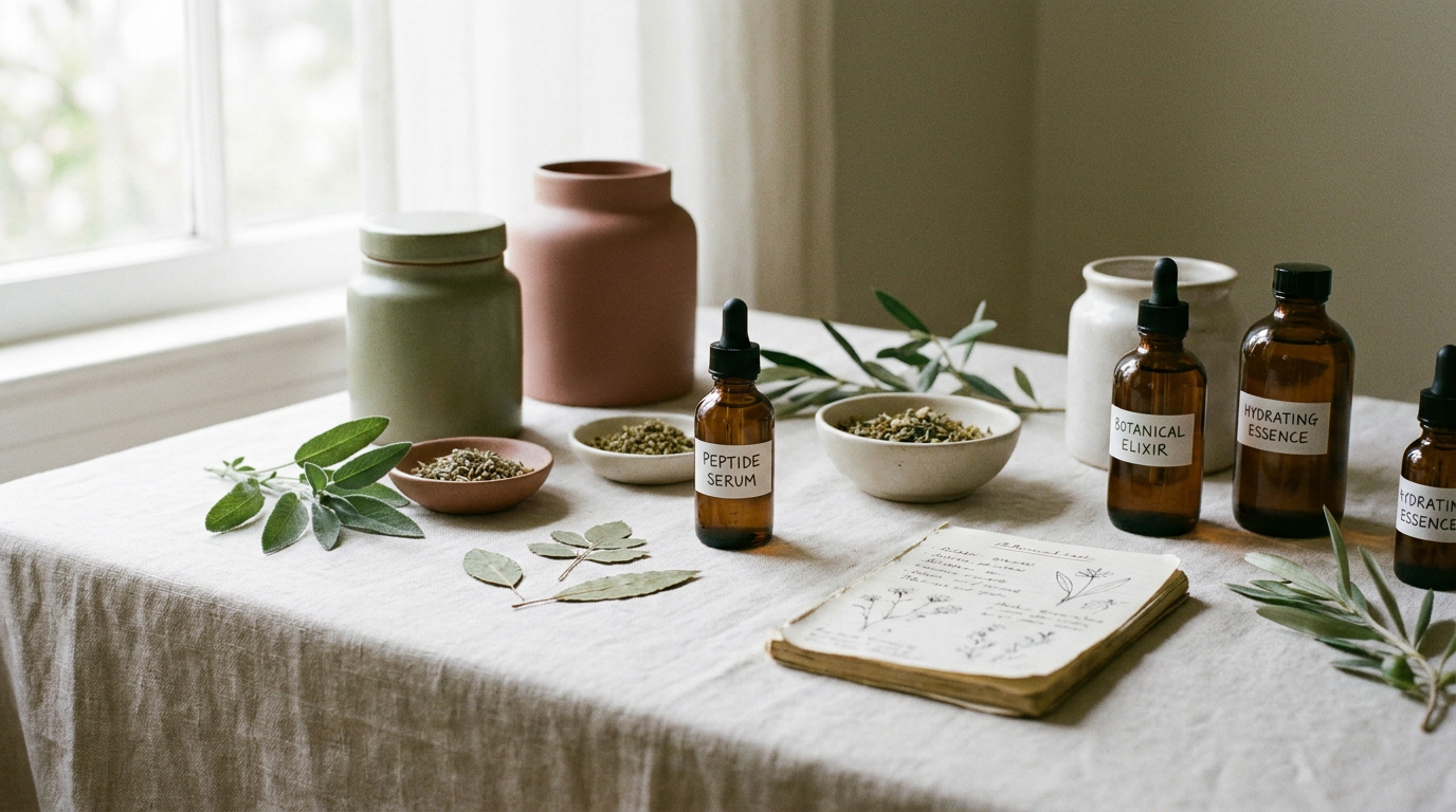Quiet bathroom shelf with peptide serum bottle, pressed leaves, warm towel, and morning light