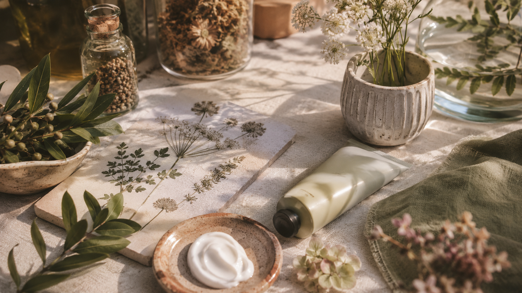 Soft morning light on a shelf with sunscreen bottle, pressed leaves, and ingredient notes nearby