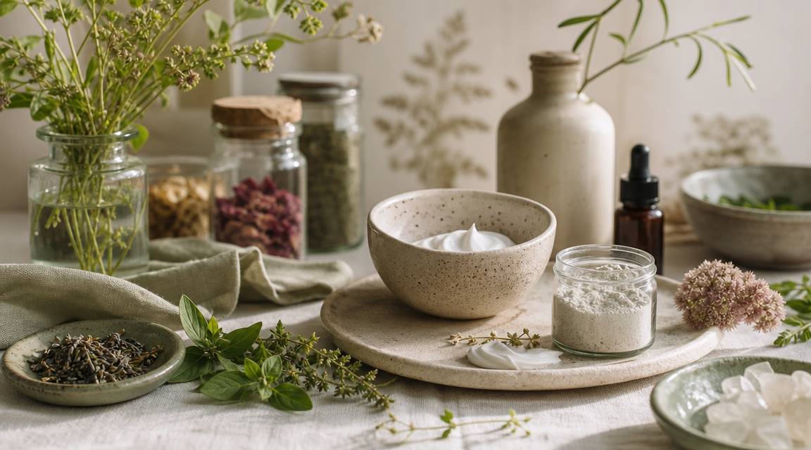 Editorial still life of zinc oxide sunscreen tube and white cream on linen with pressed leaves